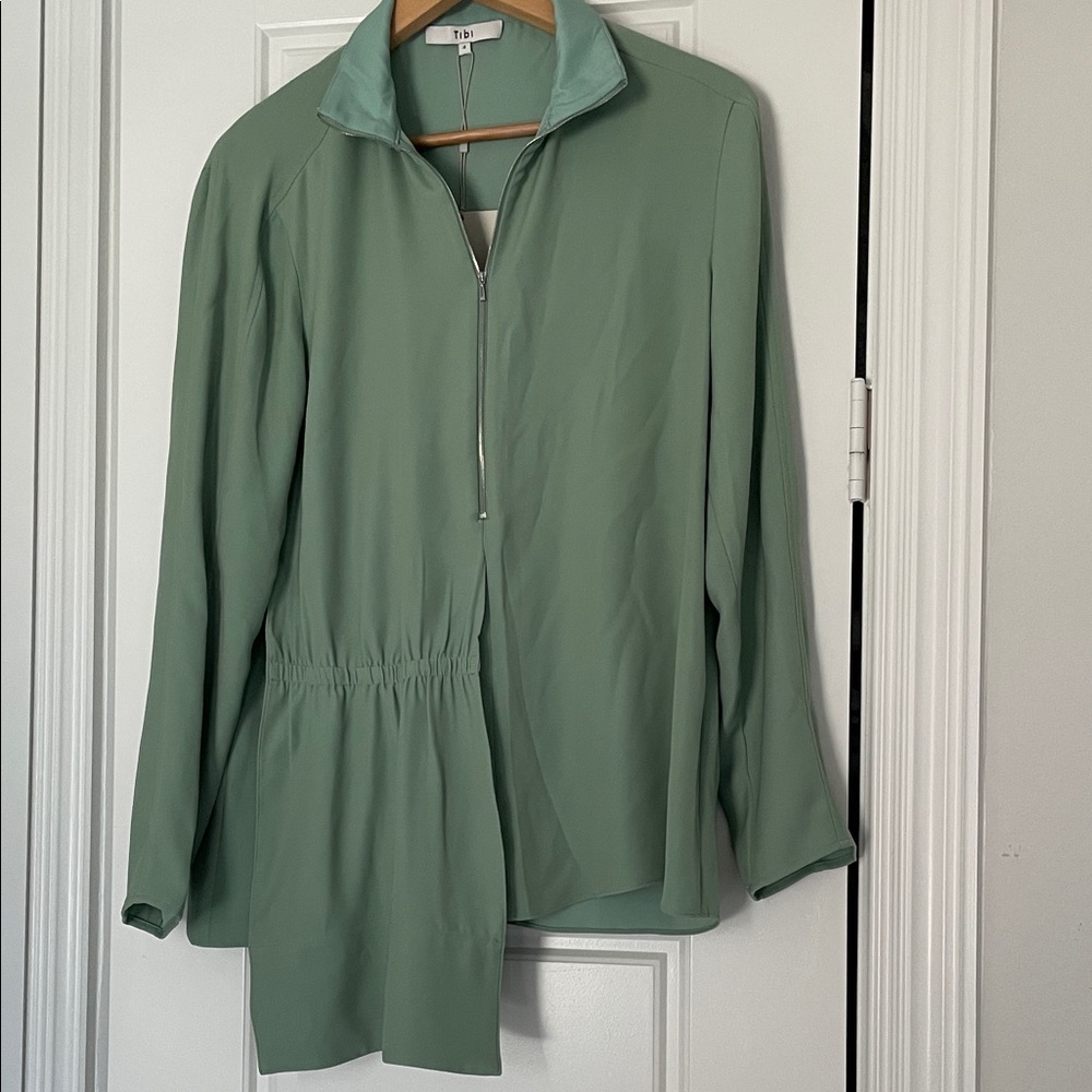 Tibi Mint Green Zip-Up Blouse with asymmetric front.